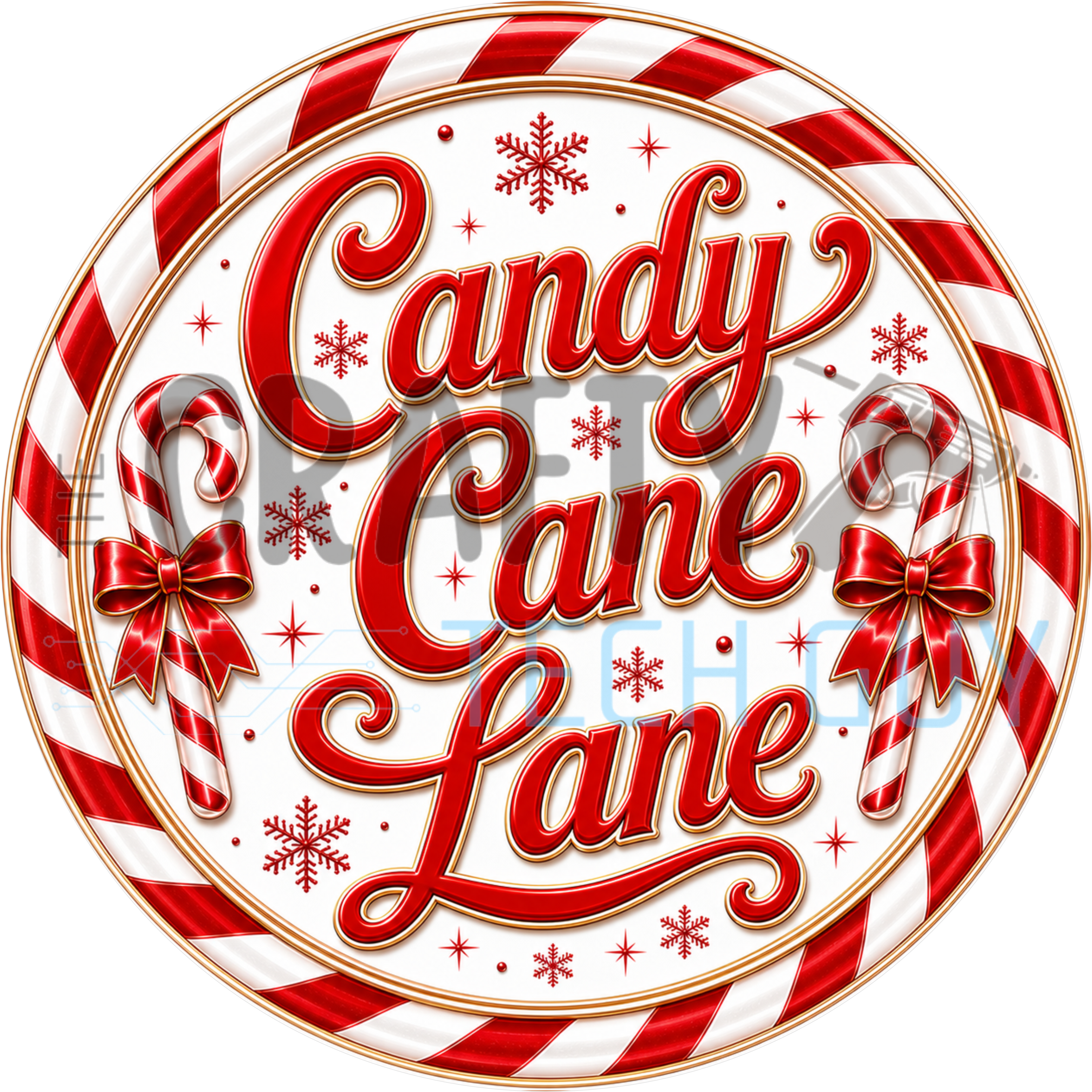 Candy Cane Lane round sign with red script, candy canes, red bows, snowflakes and red and white peppermint stripe border
