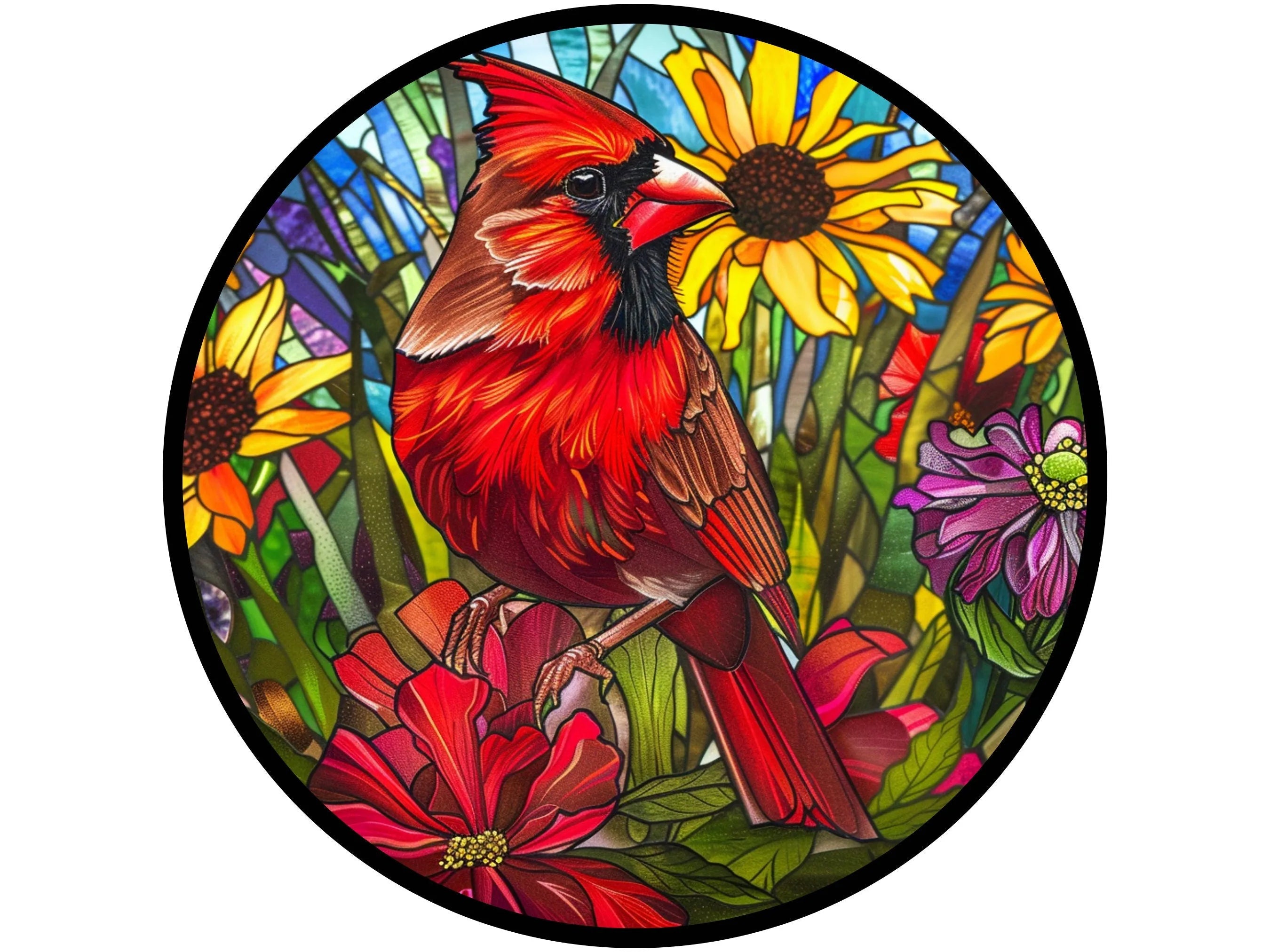 Cardinal Metal Sign, Bird Wall Art, Faux Stained Glass Decor, Nature Home Decoration, Floral Design, Perfect Gift for Bird Lovers