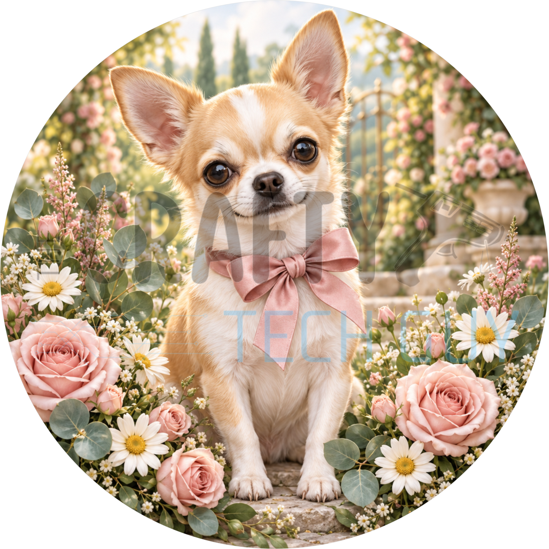 Cream chihuahua round wreath sign in a pink bow on a garden path with pale pink roses, white daisies and a rose arch