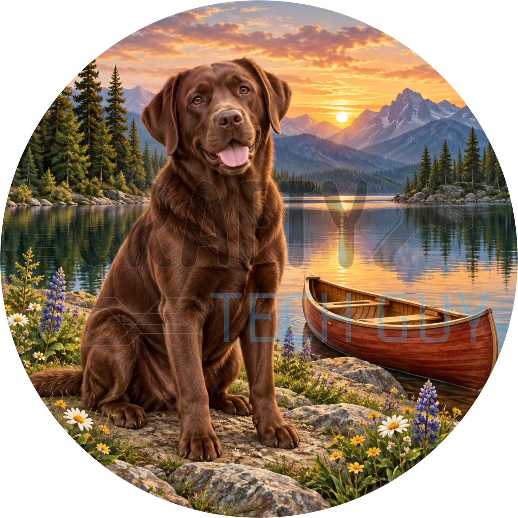Chocolate Labrador round wreath sign on a rocky lakeshore with a wooden canoe, lupine and snow-touched mountains at sunset