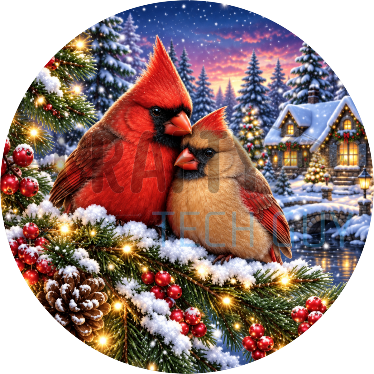 Christmas round wreath sign with a red male and tan female cardinal on a snowy pine bough strung with twinkle lights, holly berries, a pinecone and a glowing winter cottage village