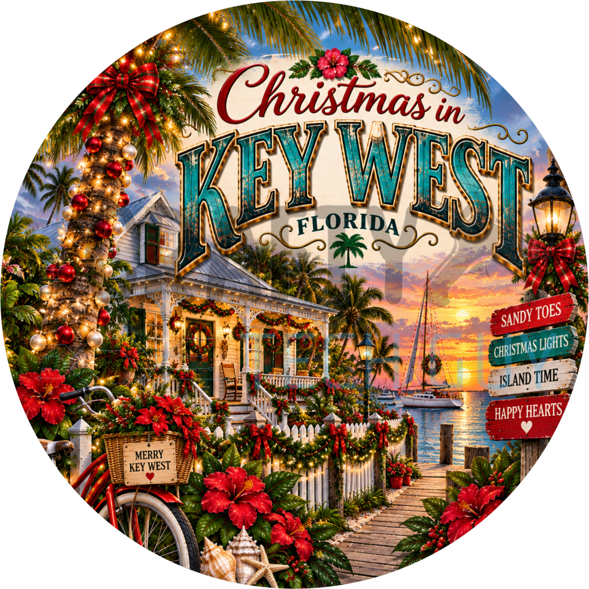 Christmas in Key West Florida round wreath sign with a wreath-hung conch house, picket fence, red bicycle, palms and a sailboat at sunset