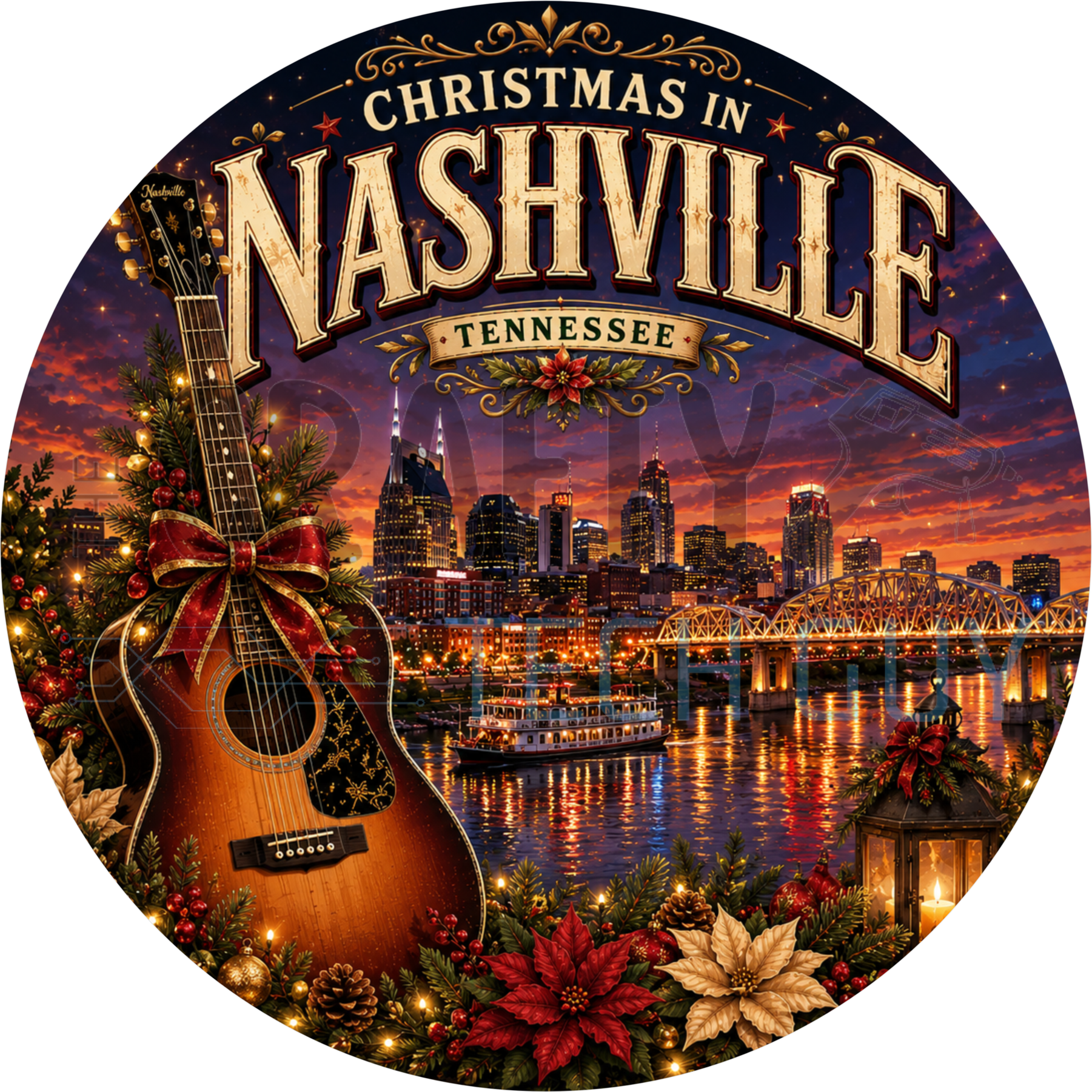 Christmas in Nashville Tennessee round wreath sign with a bow-tied guitar in lit garland, the skyline, riverboat and poinsettias