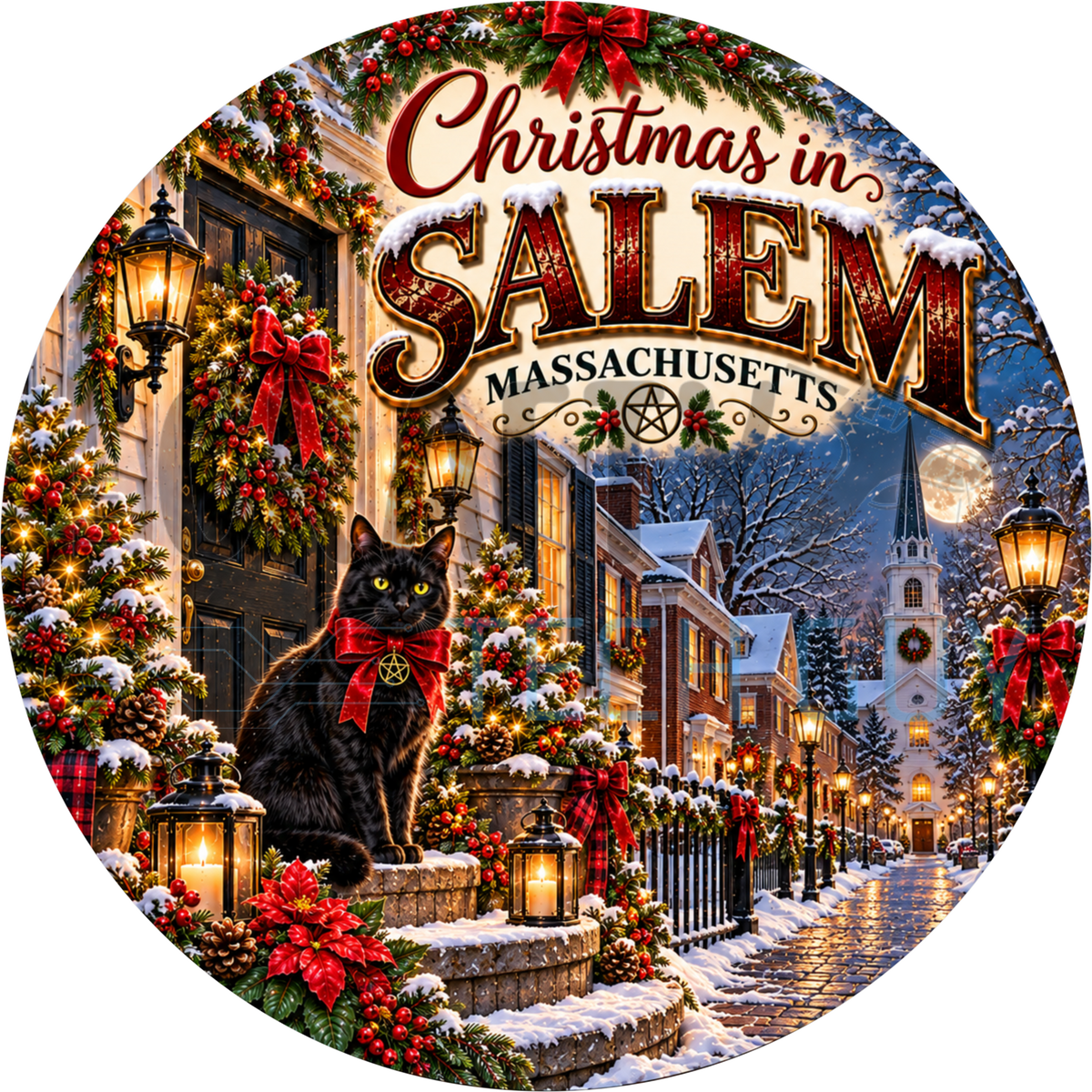 Christmas in Salem Massachusetts round wreath sign with a black cat in a red bow on garland-hung snowy steps and a lantern-lit street