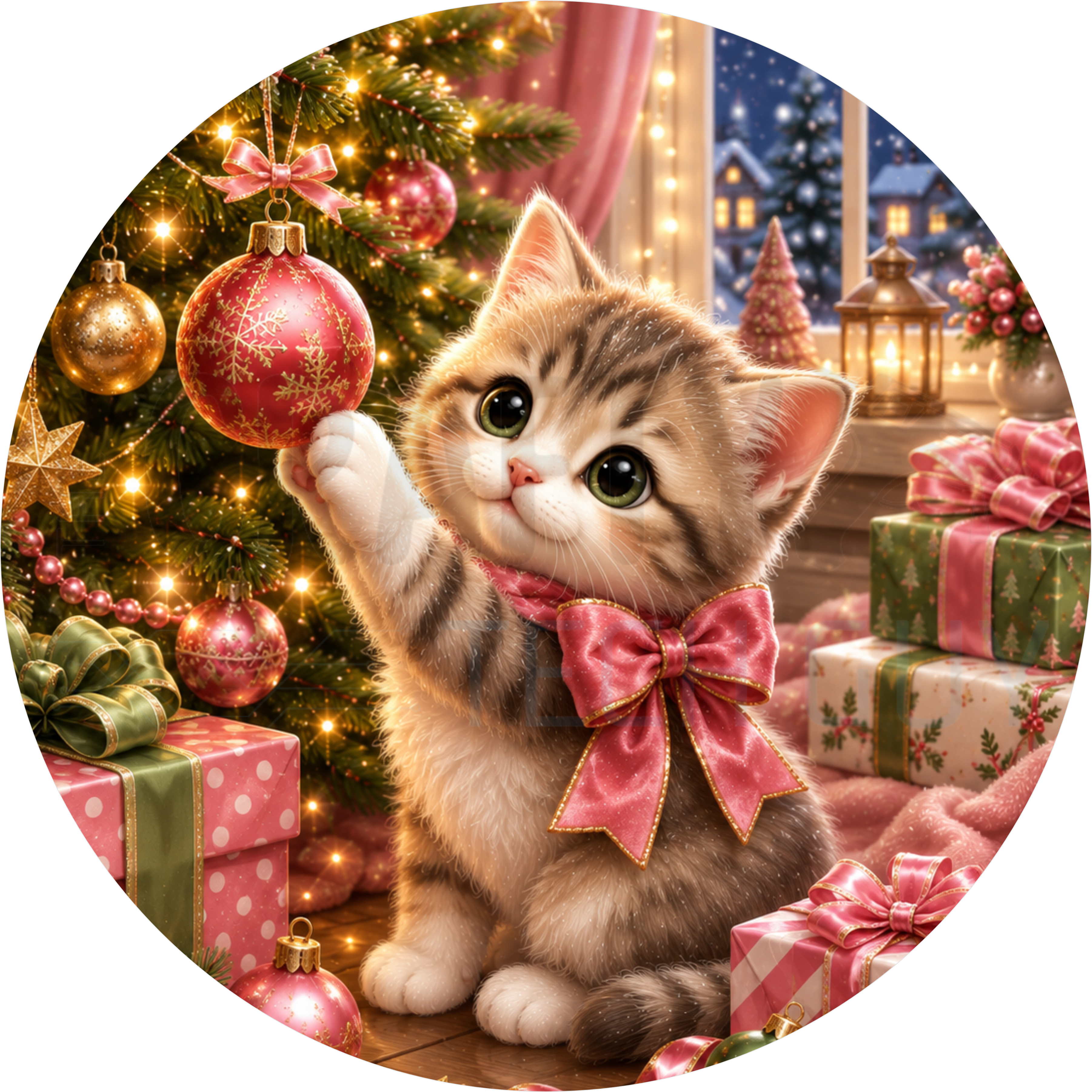 Christmas round wreath sign in coated aluminum, showing a tabby kitten in a pink bow reaching for an ornament beside a lit tree and wrapped gifts