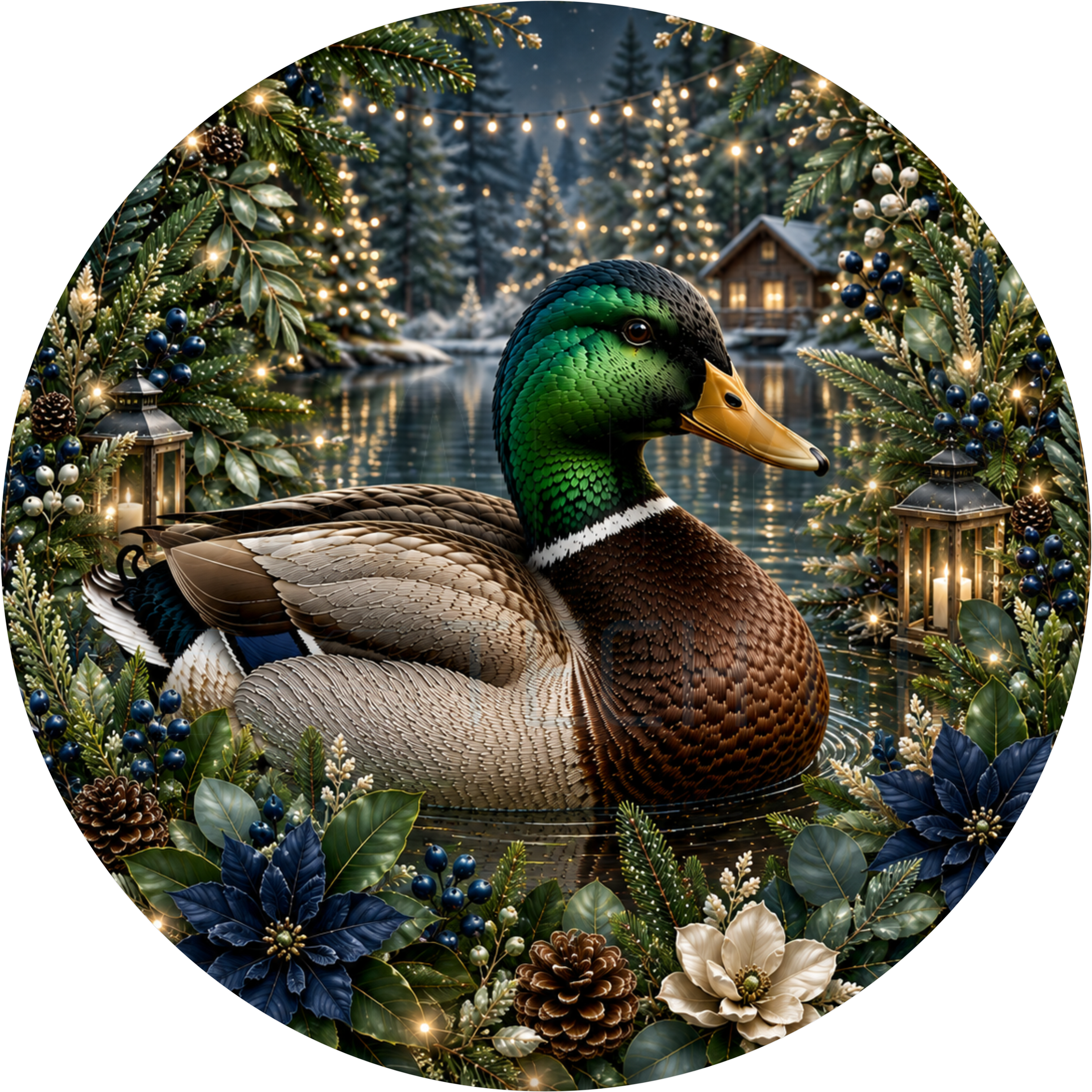 Round wreath sign in navy and gold coated aluminum showing a mallard duck on a night lake with a lit cabin, string lights, lanterns and navy poinsettias
