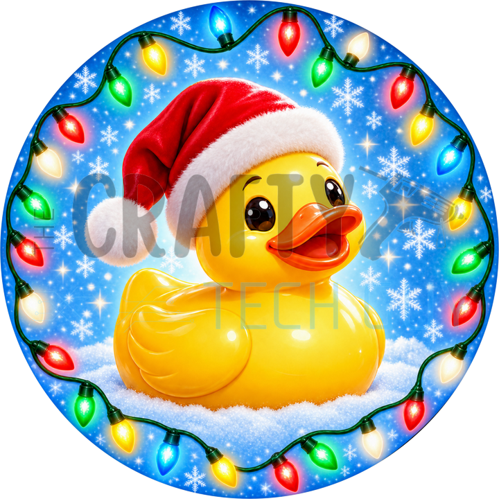 Christmas round wreath sign with a yellow rubber duck in a red Santa hat sitting in snow, ringed by multicolor string lights on a blue snowflake background