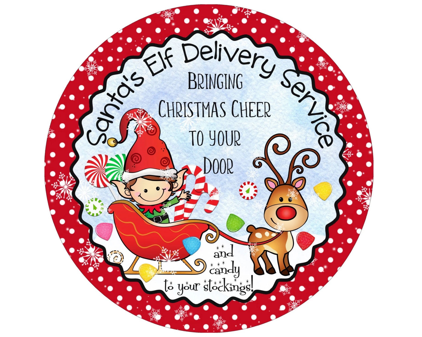 Christmas elf in Santa sleigh with reindeer wreath sign, peppermint and candy canes Santa sleigh wreath attachment