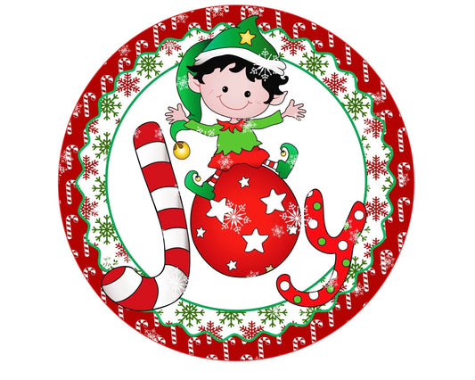 Christmas elf ornament candy cane wreath sign, red and green joy snowflakes falling wreath attachment