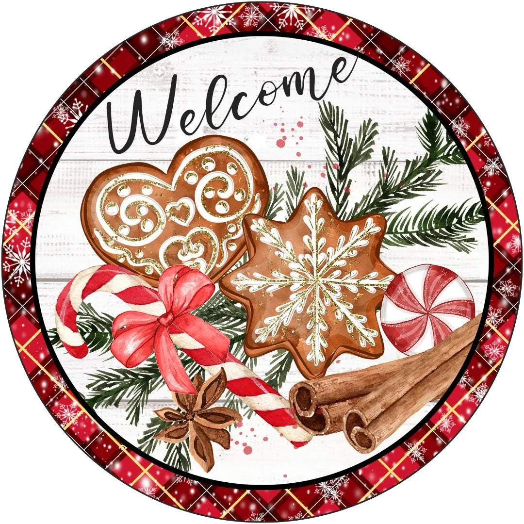 Christmas Gingerbread Cookies Sign | Festive Holiday Wall Decor | Candy Cane and Snowflake Sign, Rustic Gingerbread wreath sign