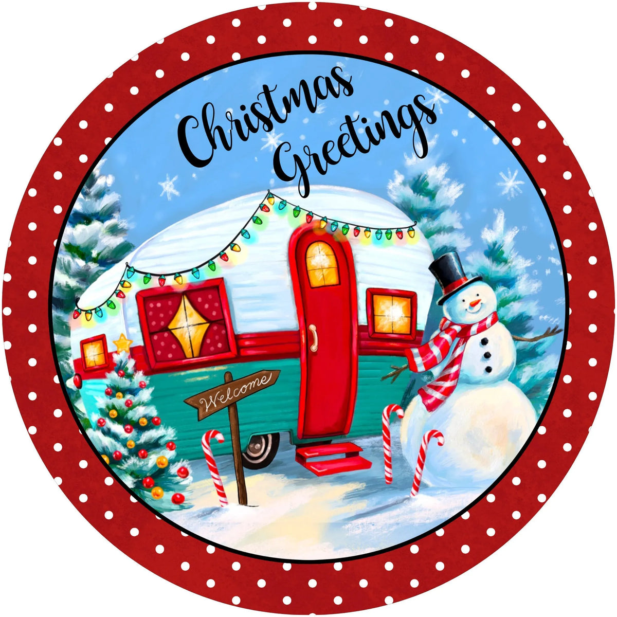 Letrero de corona de muñeco de nieve de caravana roja vintage con salu, image size:1200x1200