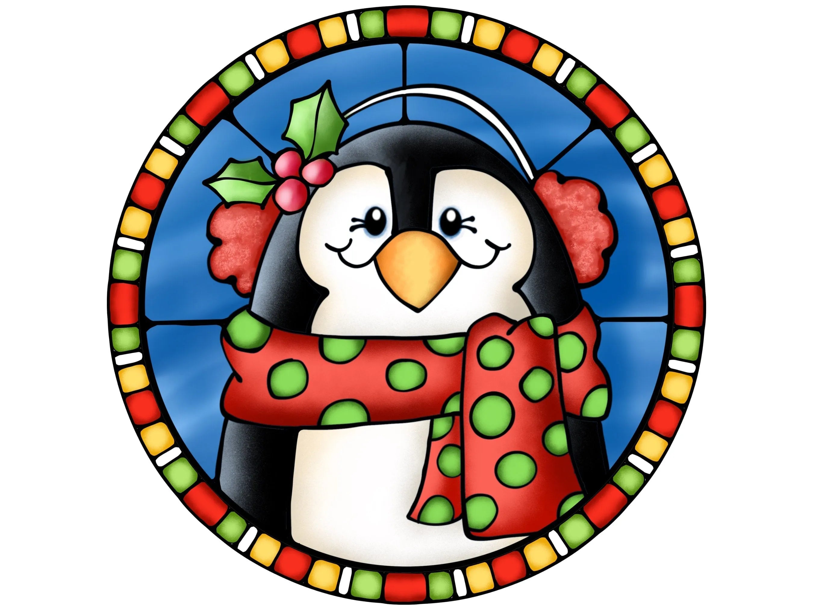 Christmas penguin stained glass sign, penguin stained glass sign, penguin Christmas sign, winter penguin wreath sign, penguin wreath sign