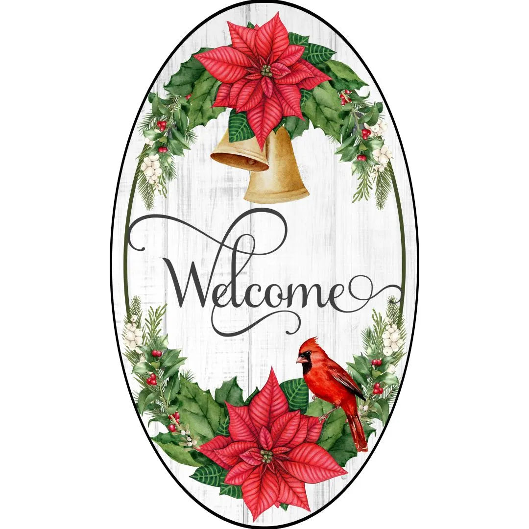 Christmas Poinsettia Welcome Sign, Gold Bells Shiplap Oval Decor, Cardinal Winter Wall Art, Rustic Christmas Door Sign, Holiday Entryway