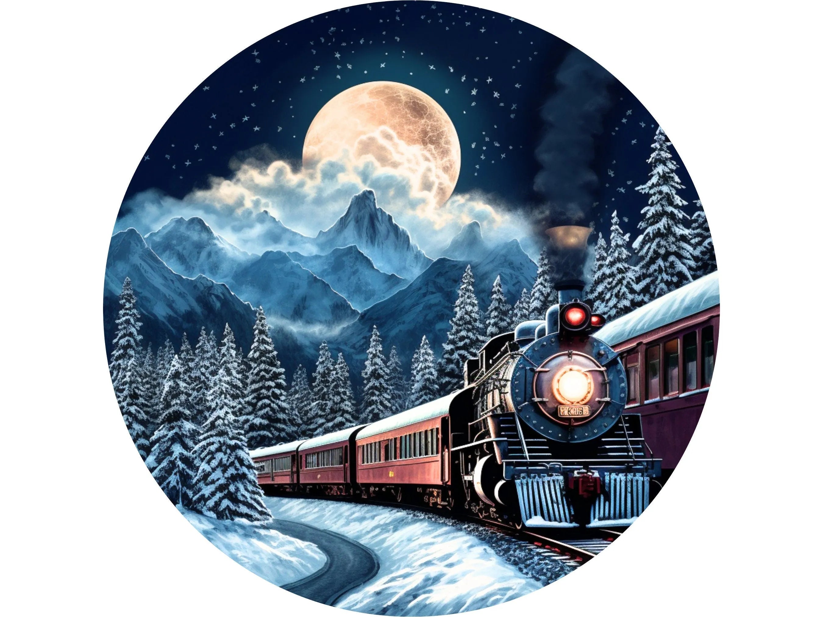 Christmas train winter scene lighted trees wreath sign, sign for December, sign for Christmas, locomotive wall art