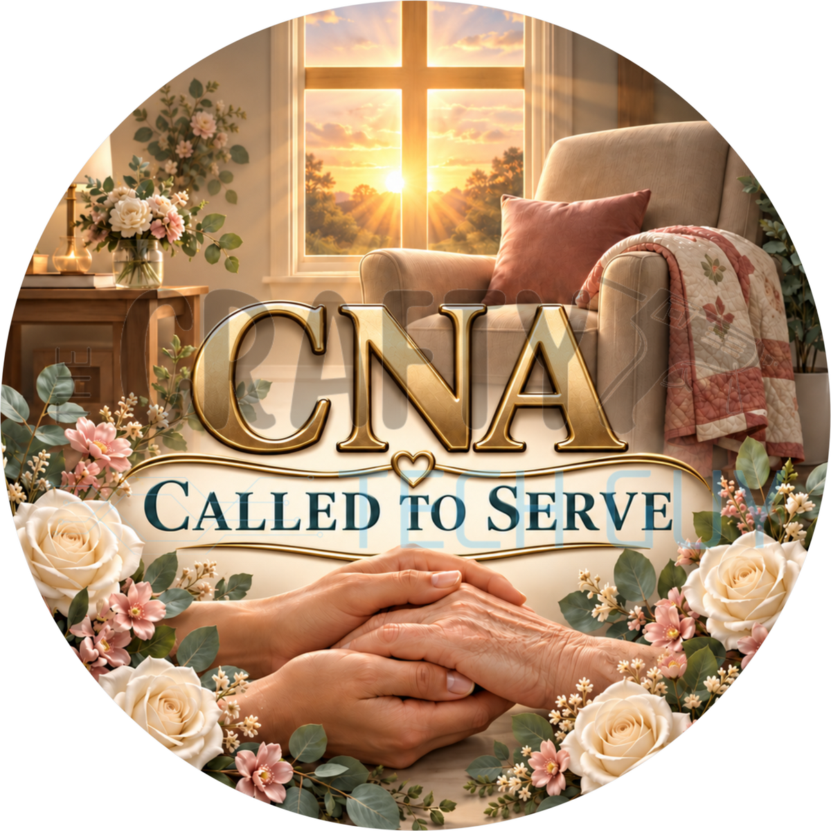 CNA Called To Serve round wreath sign with a young hand clasping an elderly hand, ivory roses and a cross-shaped window at sunrise