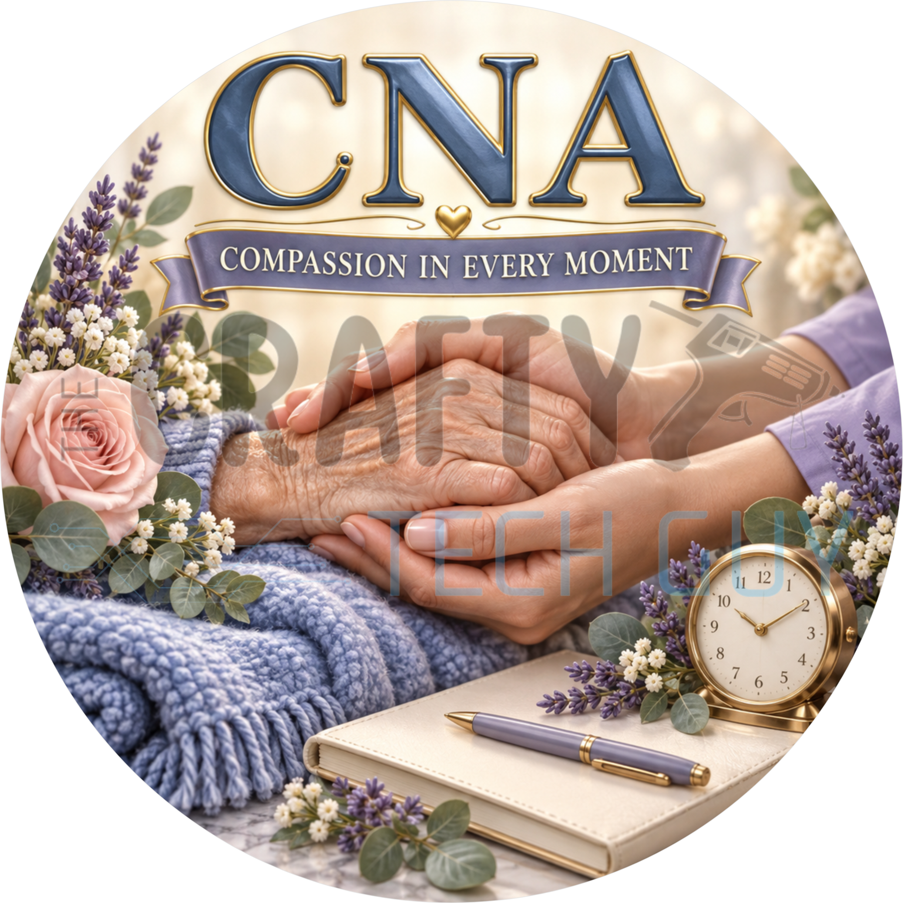 CNA Compassion In Every Moment round wreath sign with a caregiver's hands cupping an elderly person's hands, lavender and a blush rose