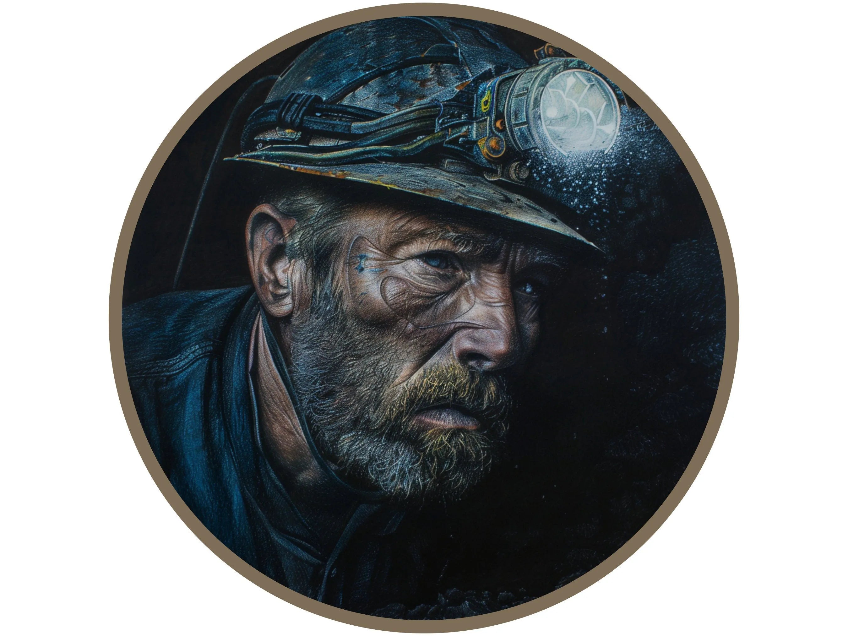 coal miner portrait metal wreath sign, working in the coal mine wreath attachment, man with a dirty coal face wall art