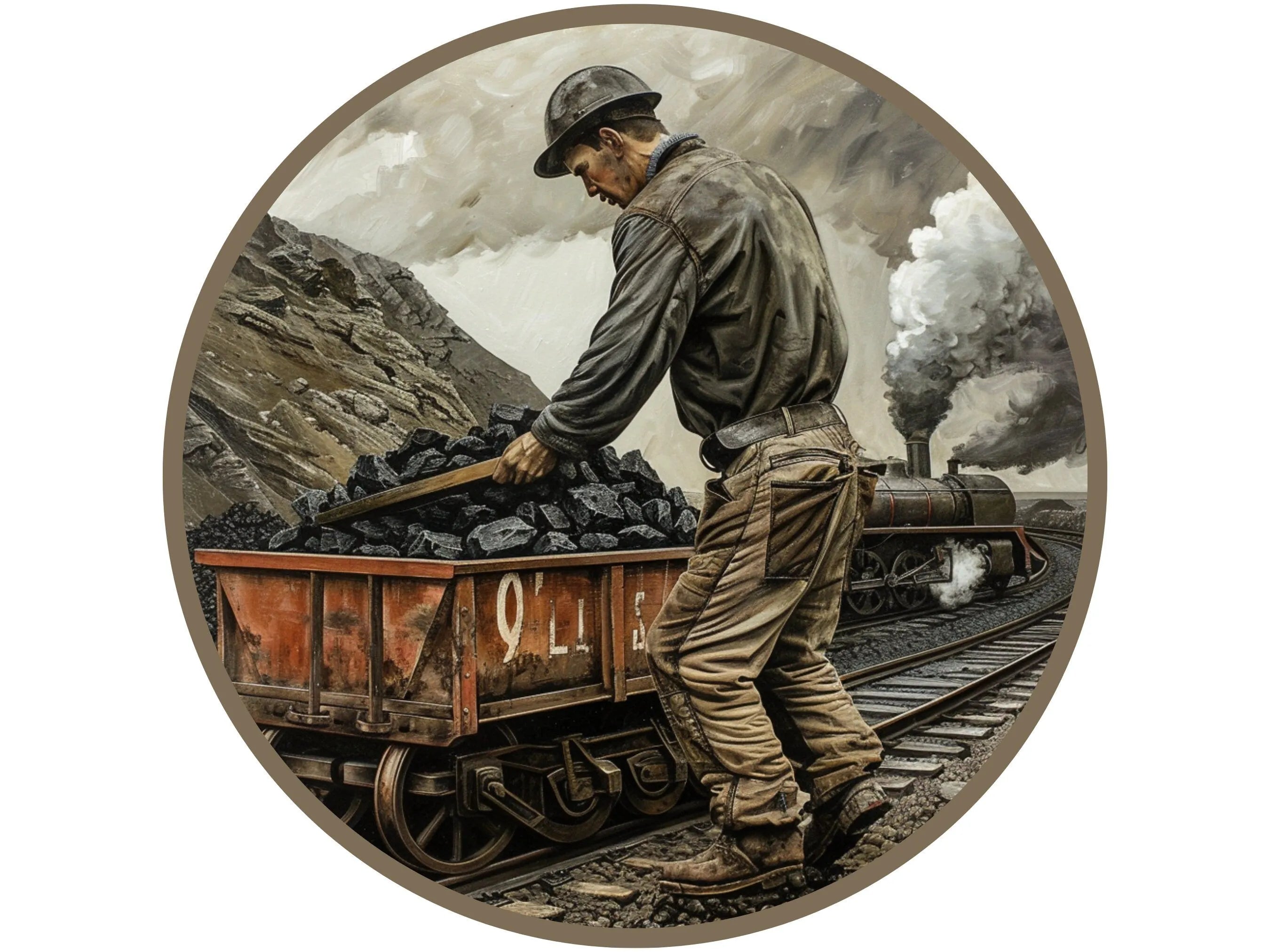 coal miner working metal wreath sign, working in the coal mine wreath attachment, man working next to coal train cart wall art