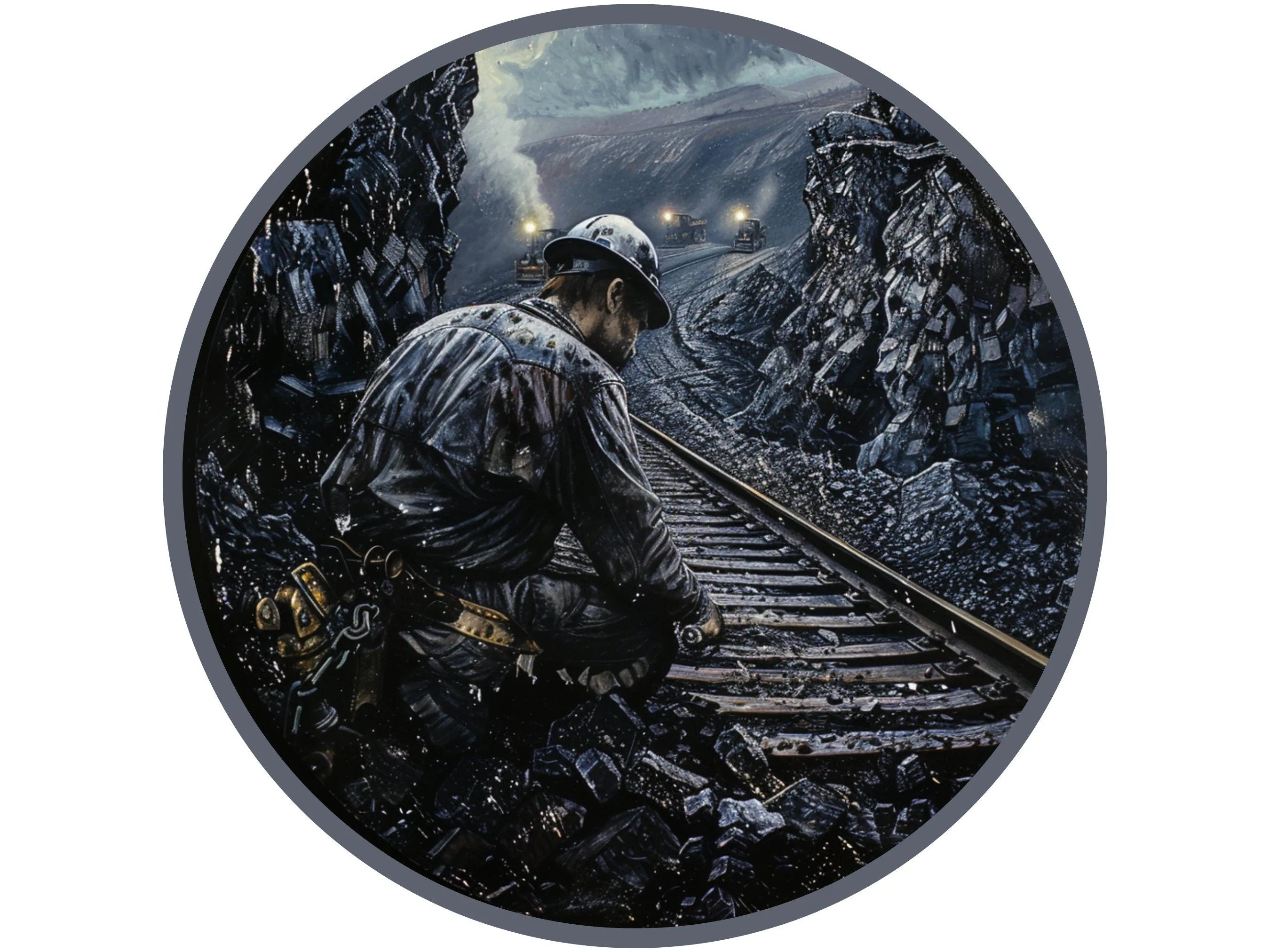 coal miner working metal wreath sign, working in the coal mine wreath attachment, man working next to coal train cart wall art