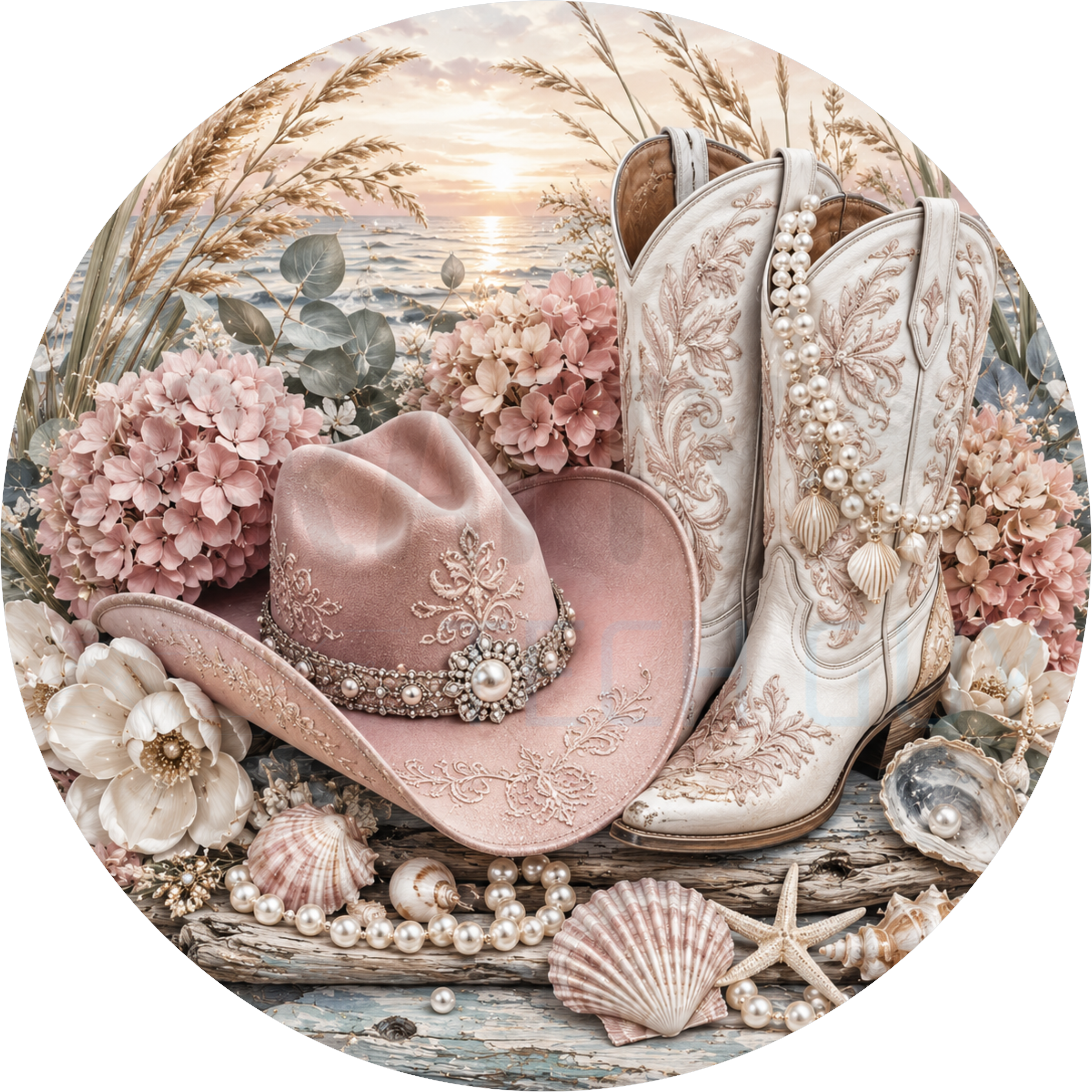 Coastal cowgirl round wreath sign with a blush cowboy hat, white embroidered boots, pearl strands, pink hydrangea and seashells on driftwood