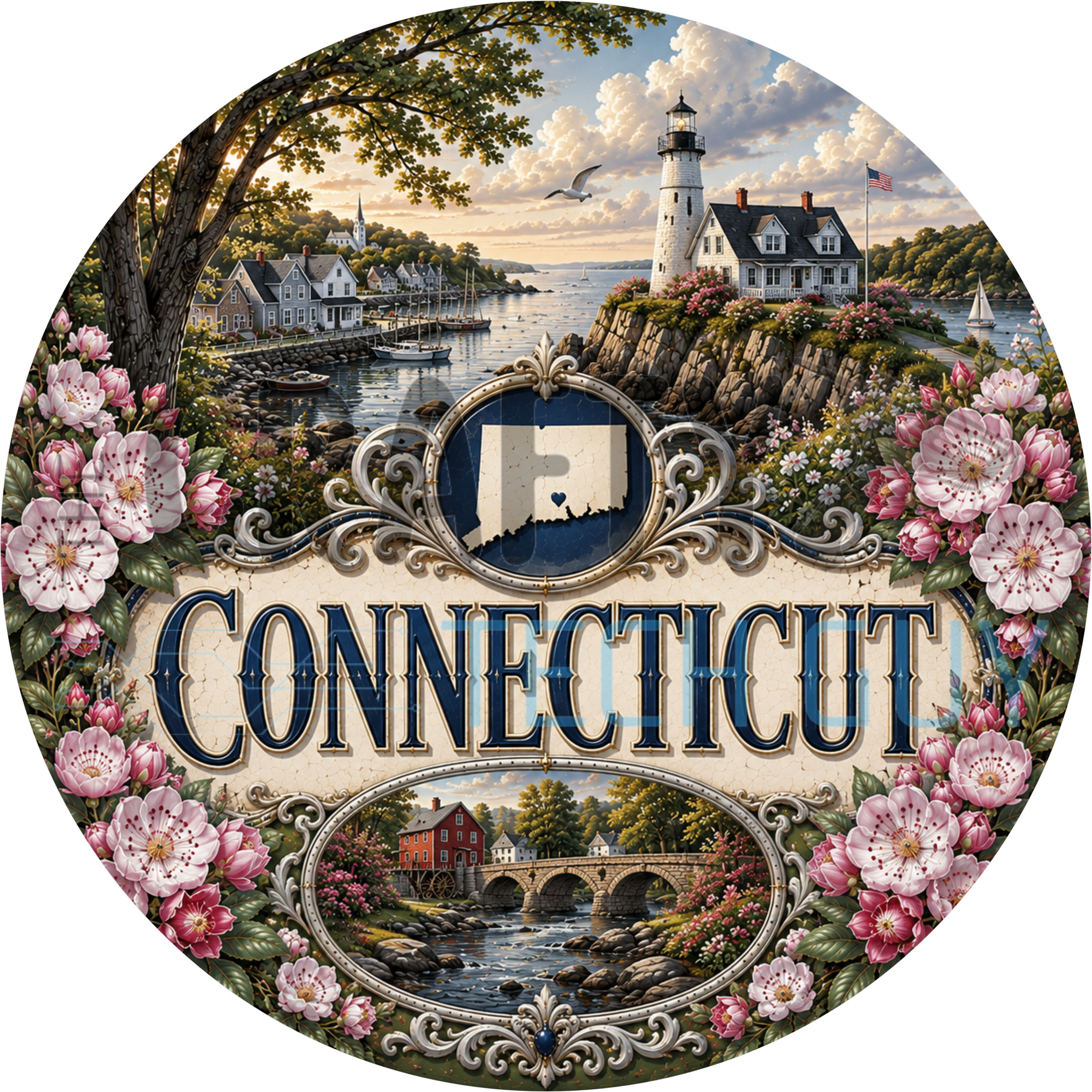 Connecticut round wreath sign in coated aluminum, showing pink mountain laurel, a white harbor lighthouse and a sailboat