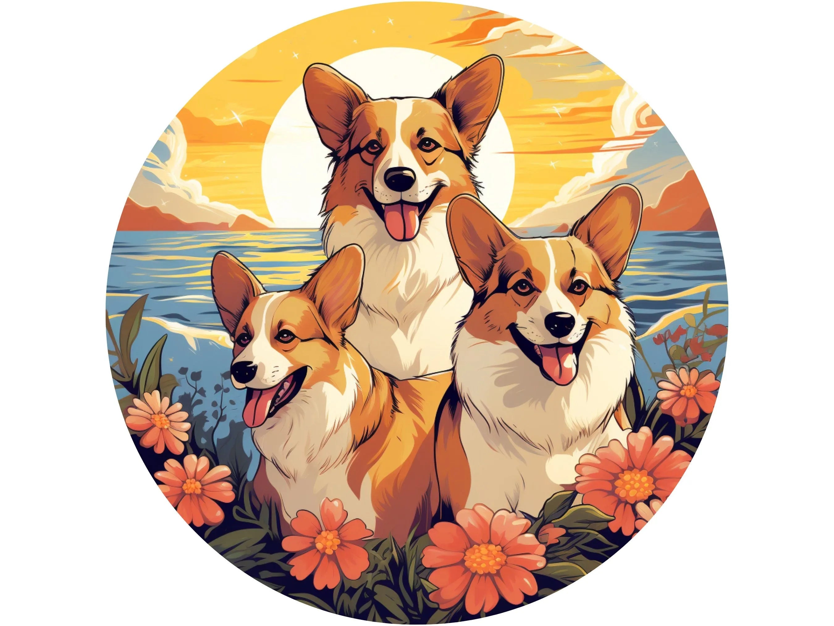 corgi dogs summertime sunset with tropical flowers metal wreath sign, Corgis by the ocean wall art, tropical corgi wreath attachment