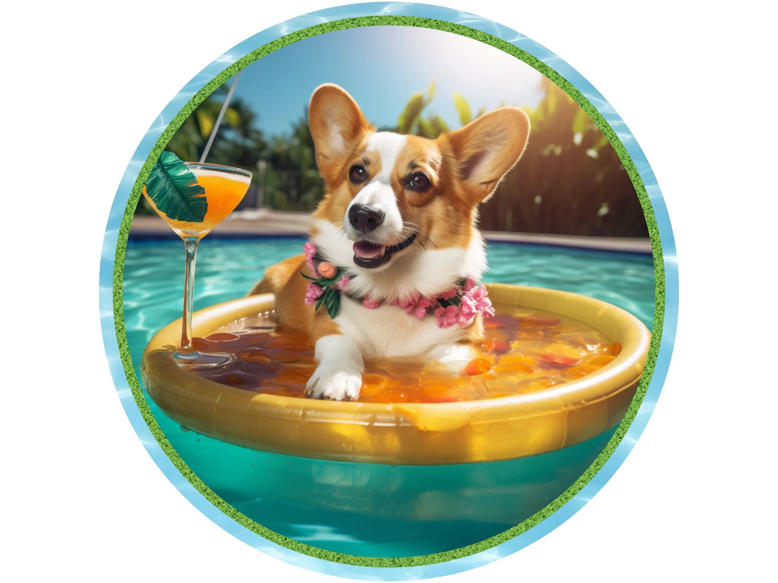 Corgi relaxing at the pool with tropical drink metal wreath sign, Corgis on a raft at the pool wall art, Corgi having cocktails by the pool