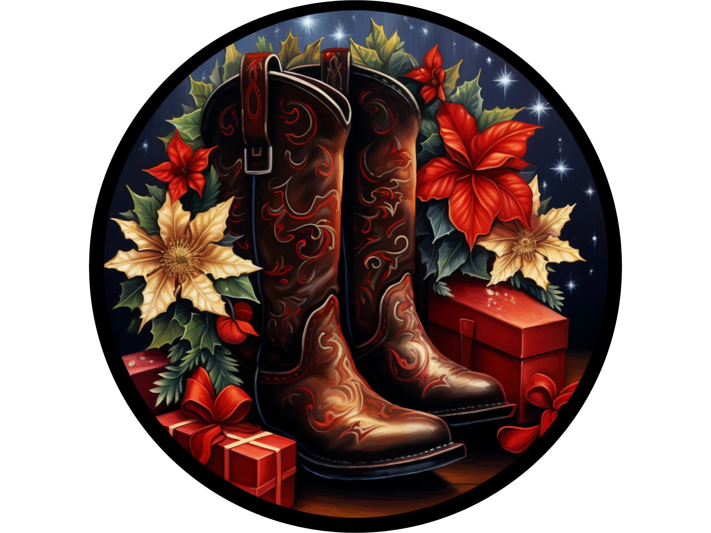 Cowboy Boots and Poinsettias Metal Wreath Sign – Rustic Christmas Decor, Western Holiday Sign, Festive Wreath Accent