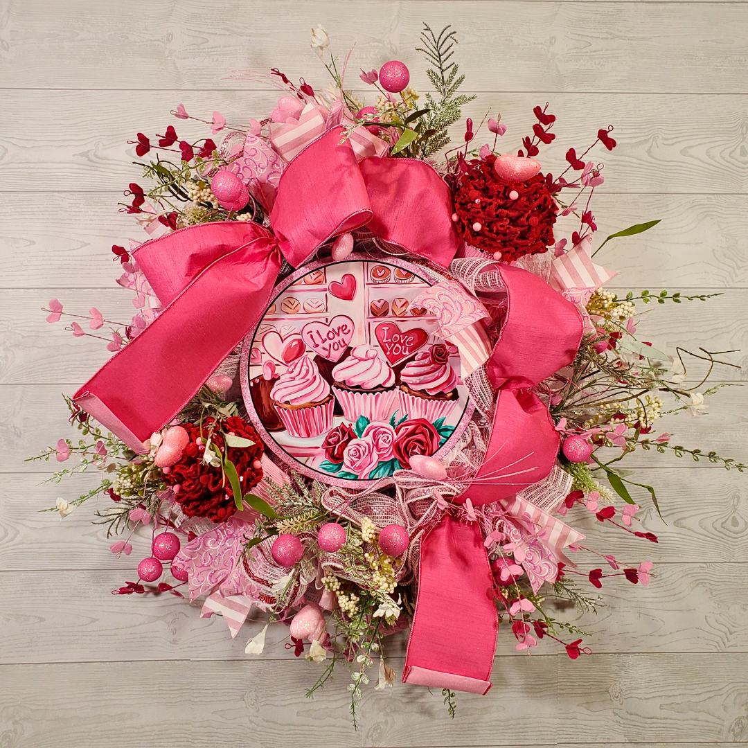 Valentine Cupcake Wreath with Pink Bow, Heart Accents, Sweet Treat Artwork, and Romantic Pink Floral Design
