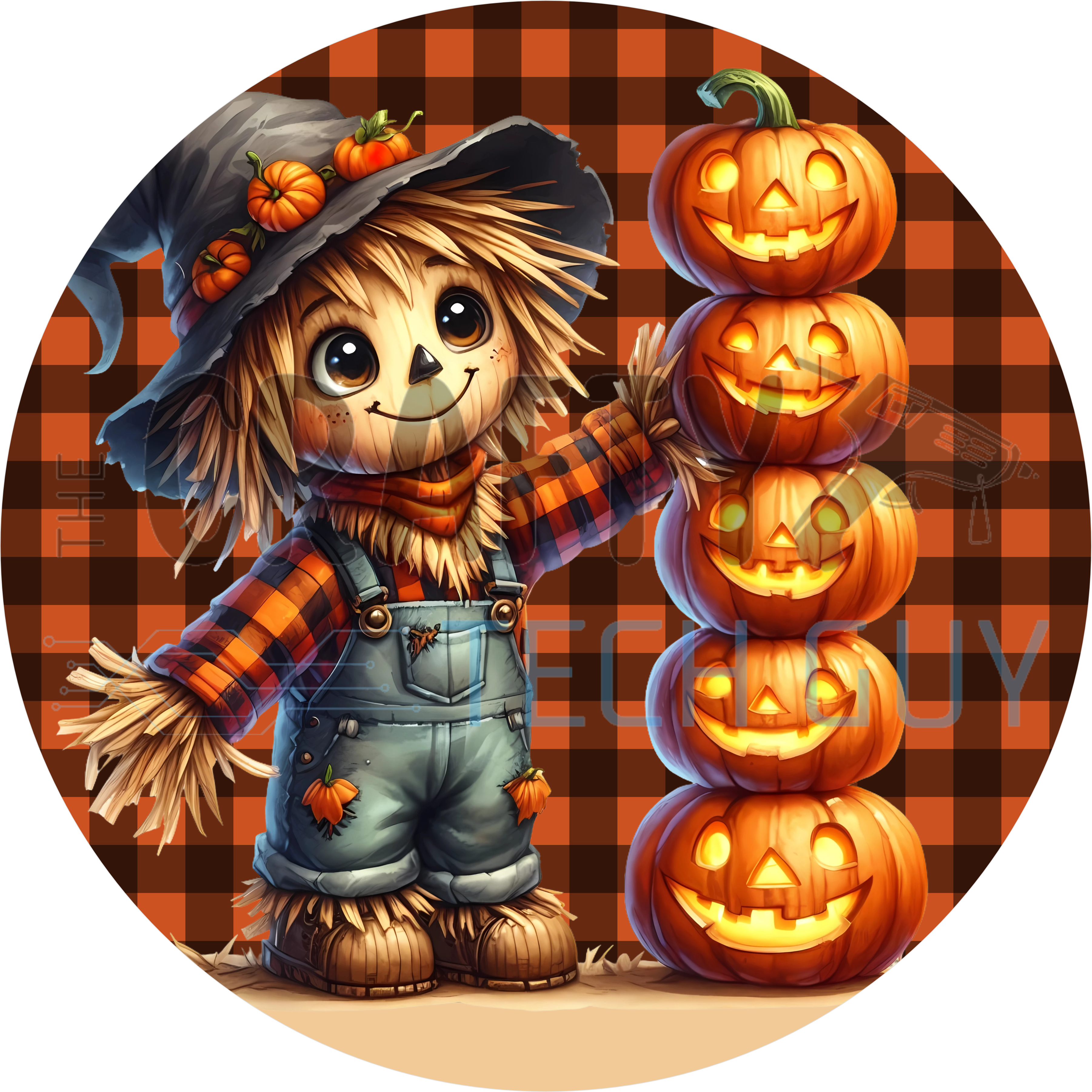 Round sign with cute scarecrow in straw hat and overalls beside a stack of five glowing jack-o-lanterns on orange plaid