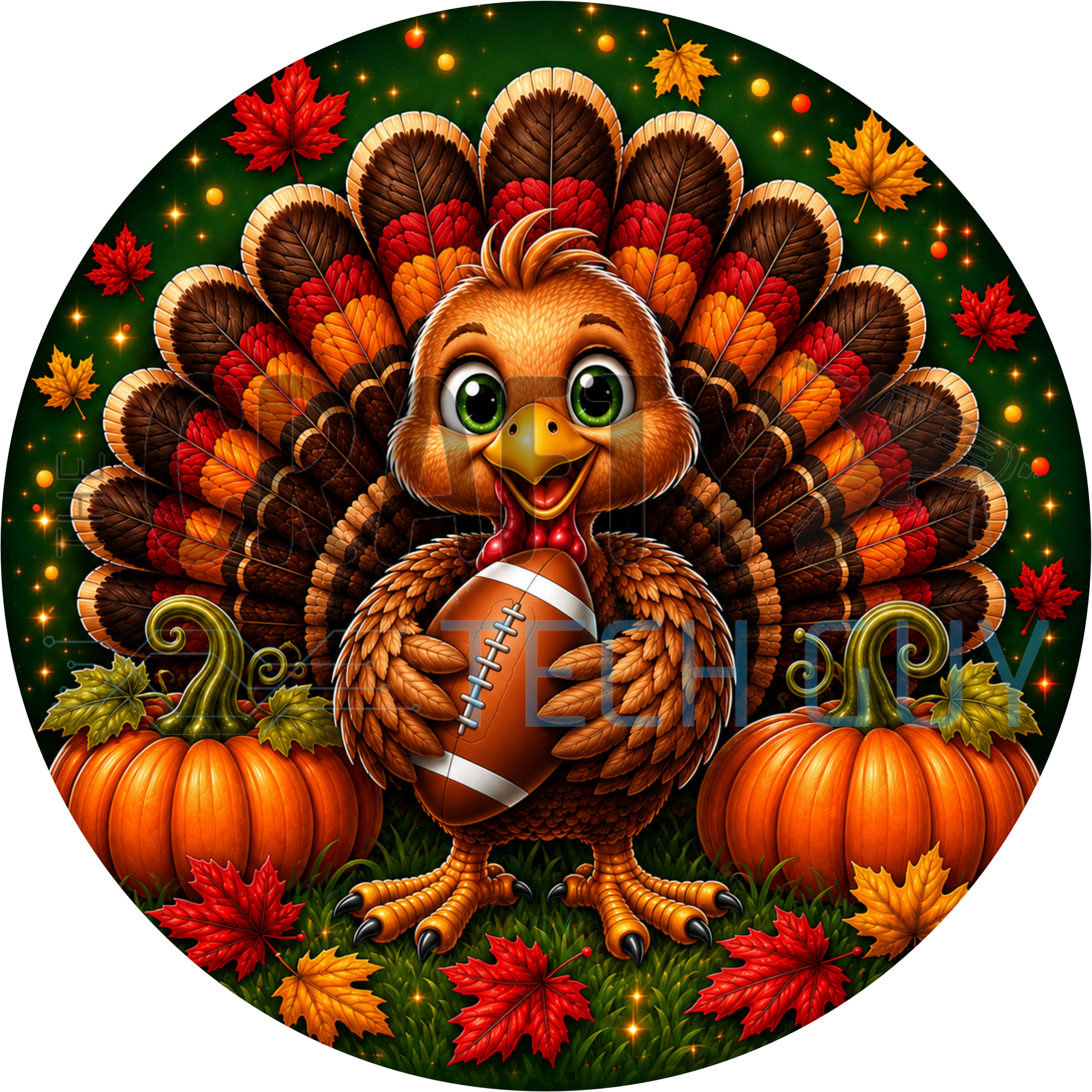 Round fall sign with cute turkey holding a football, fanned feathers, orange pumpkins and maple leaves on green