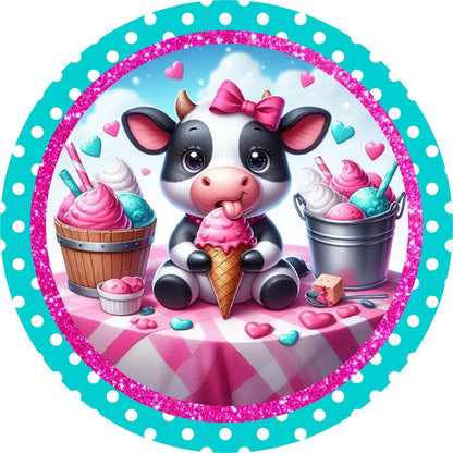 Cute Cow Valentine Sign - Adorable Ice Cream-Themed Wall Art, Polka Dot Glitter Decor, Perfect Valentine’s Day Gift