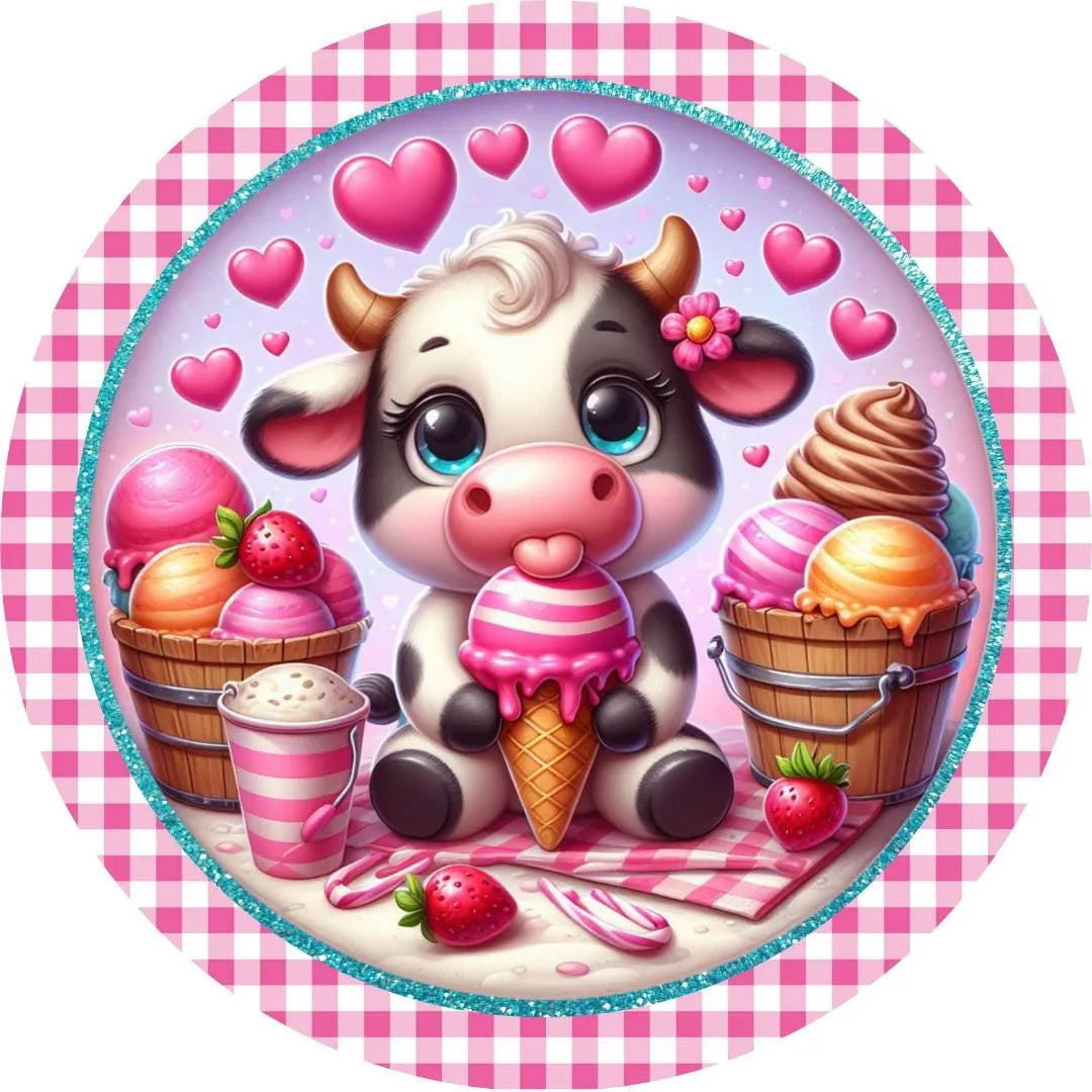 Cute Cow Valentine Sign - Adorable Ice Cream-Themed Wall Art, Polka Dot Glitter Decor, Perfect Valentine’s Day Gift