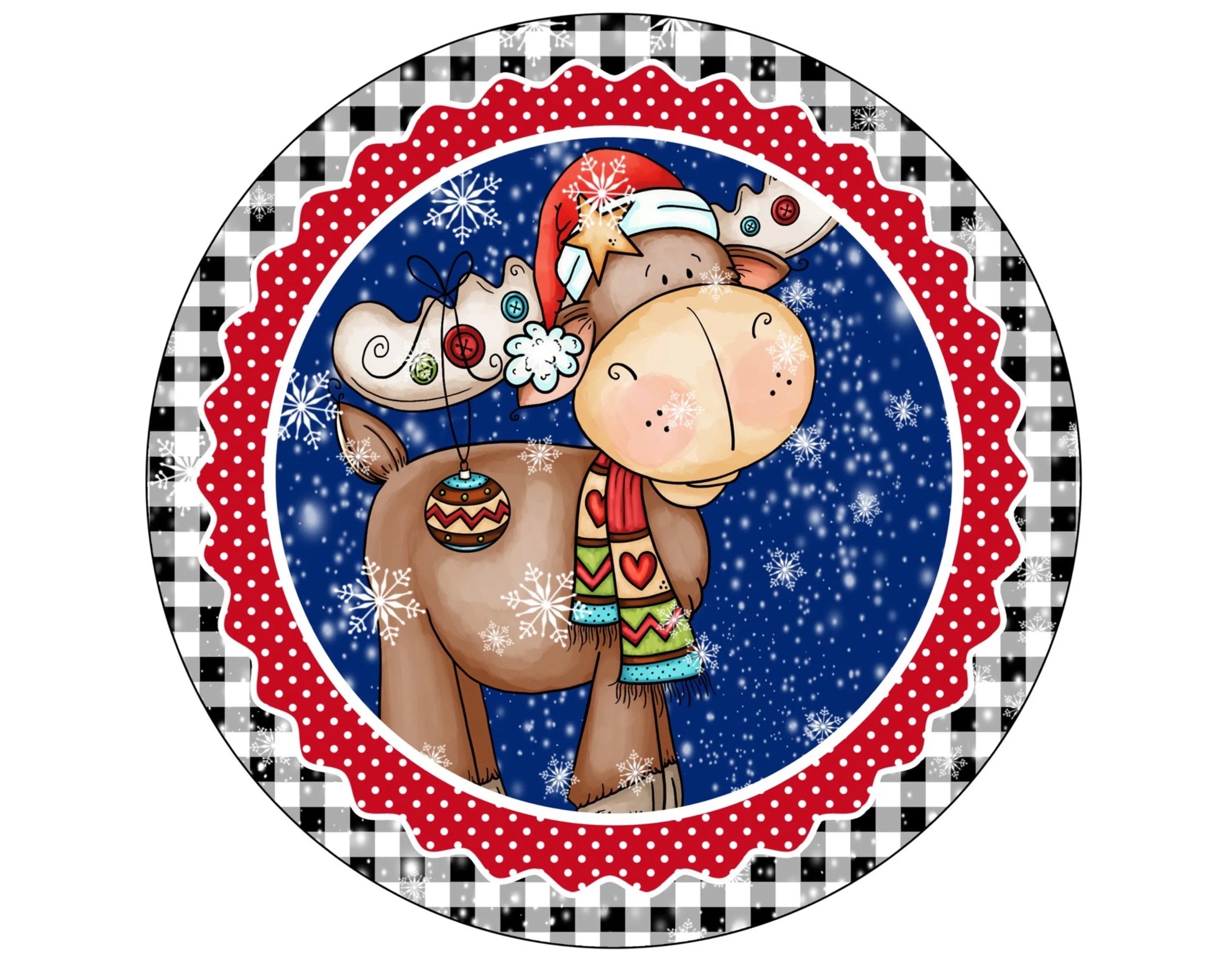 Cute Primitive Christmas moose Sign, Metal Holiday Decor, Plaid and Polka Dot Round Sign, Festive Door Decor