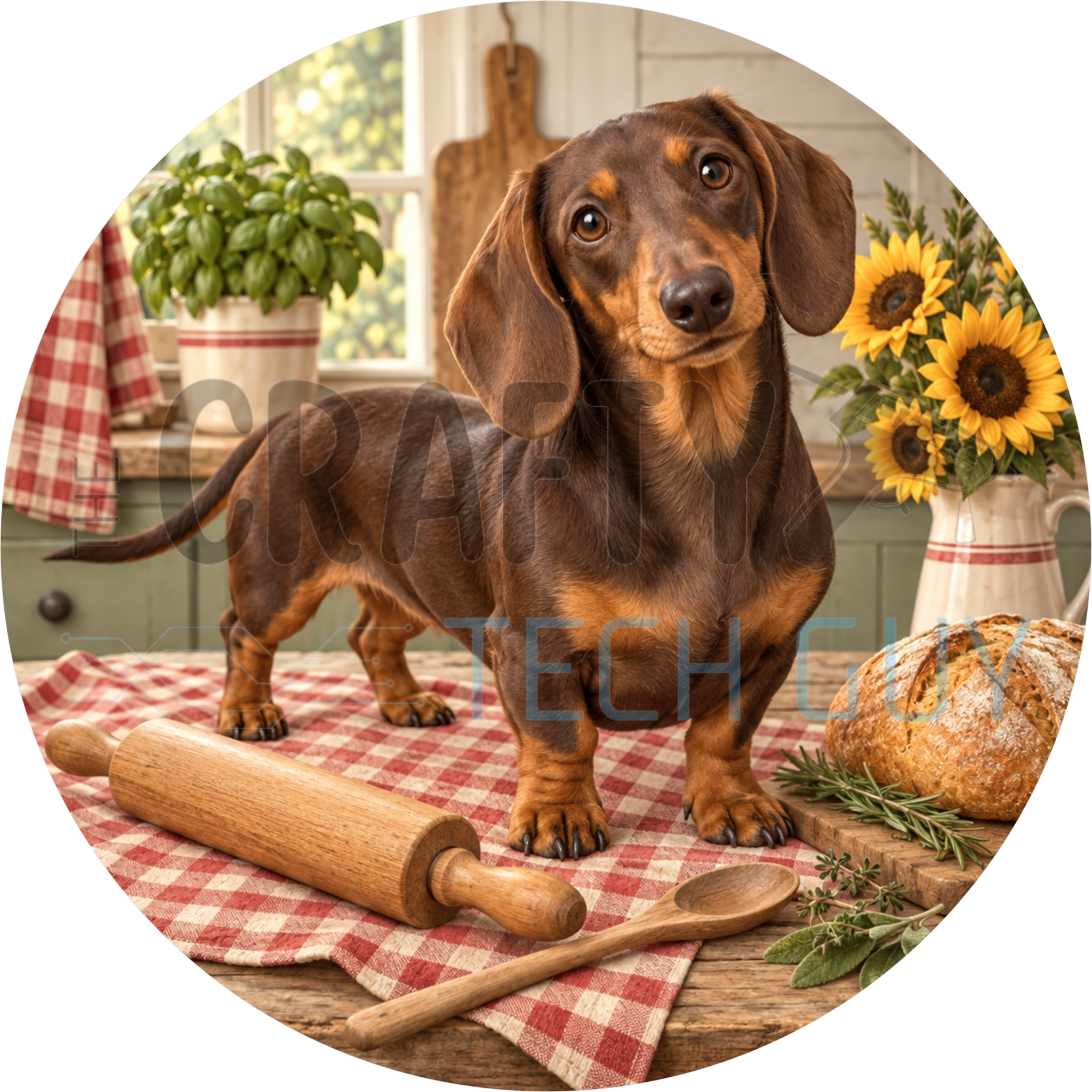 Chocolate and tan dachshund round wreath sign on a red checked cloth with a rolling pin, bread loaf and pitcher of sunflowers