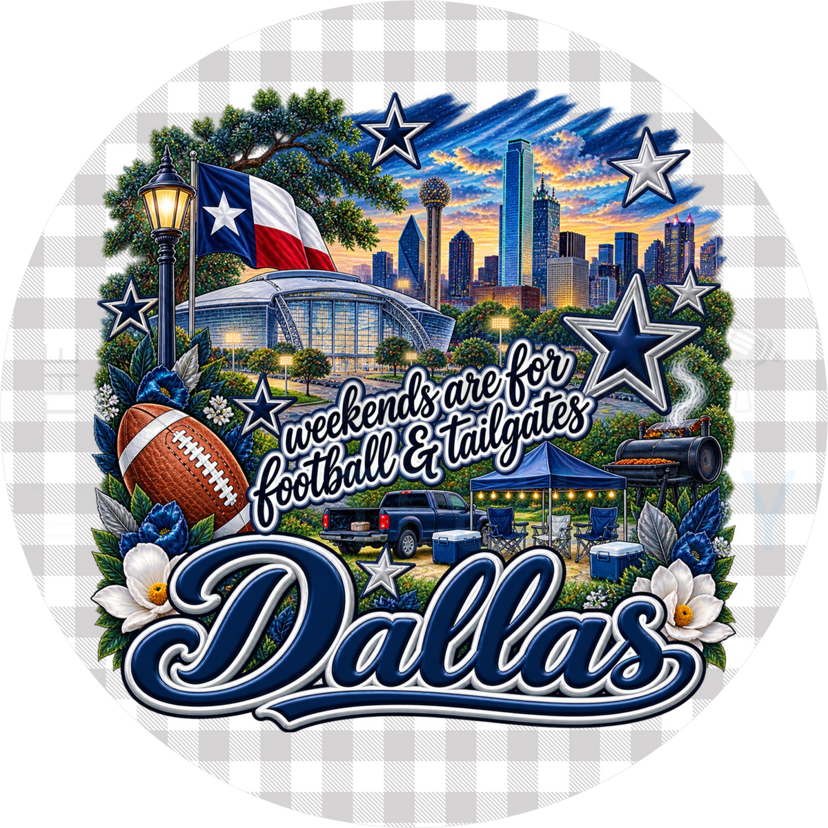 Dallas football tailgate round wreath sign with grey gingham border, Texas flag, Reunion Tower, domed stadium, navy stars and white flowers