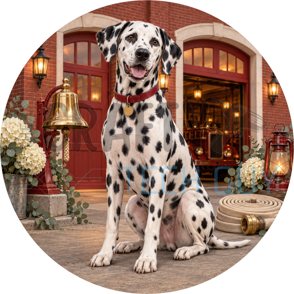 Dalmatian round wreath sign on a brick firehouse apron with a vintage fire engine, brass bell and coiled hose