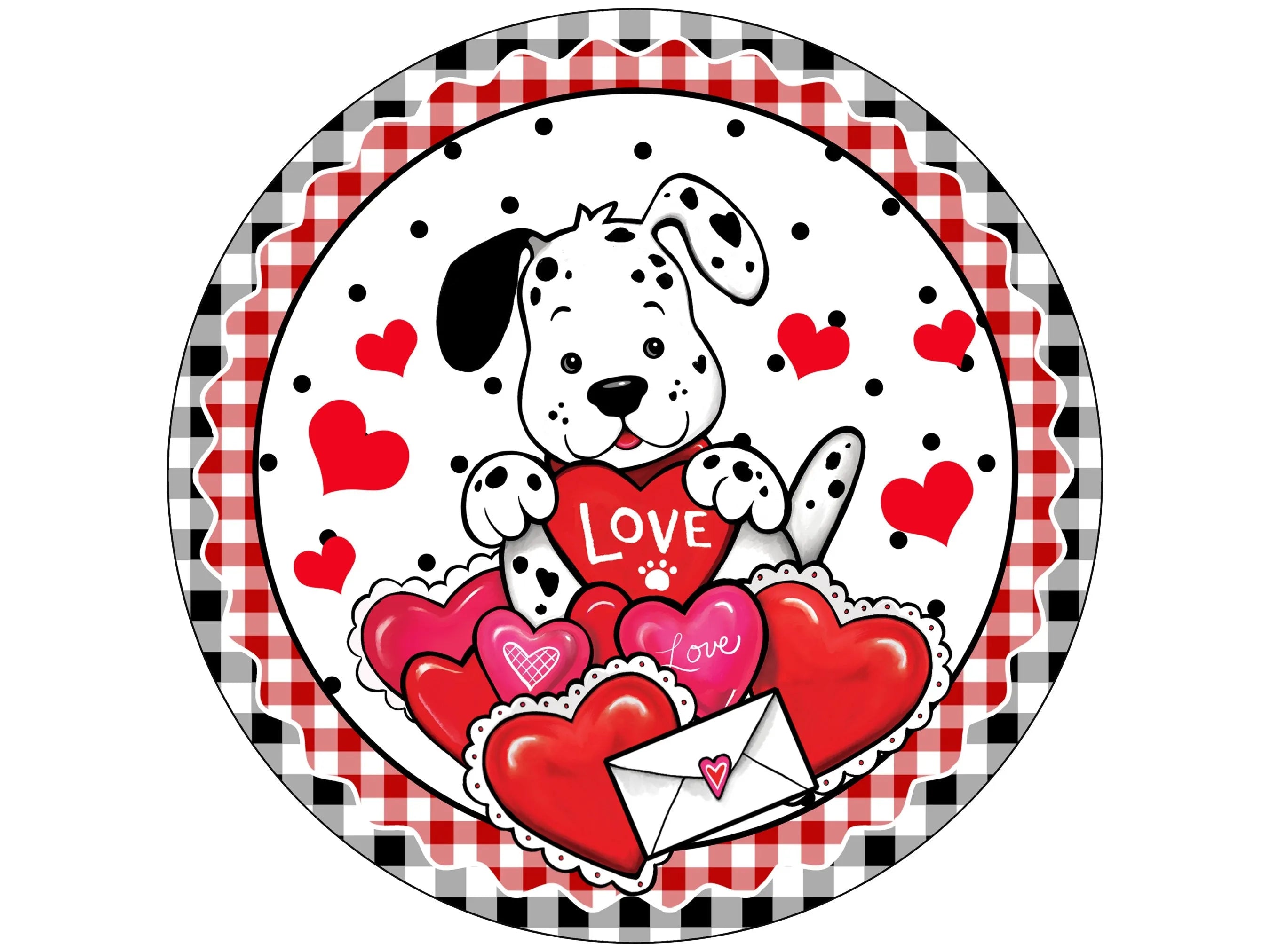 Dalmatian be mine valentine heart wreath sign, puppy dog happy valentine's day sign, pink heart valentine's day wall art, pink hearts sign