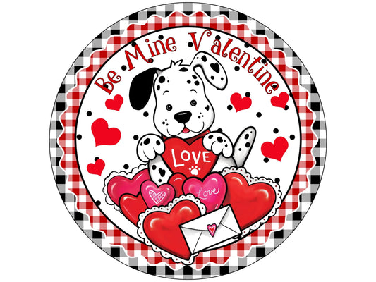 Dalmatian be mine valentine heart wreath sign, puppy dog happy valentine's day sign, pink heart valentine's day wall art, pink hearts sign