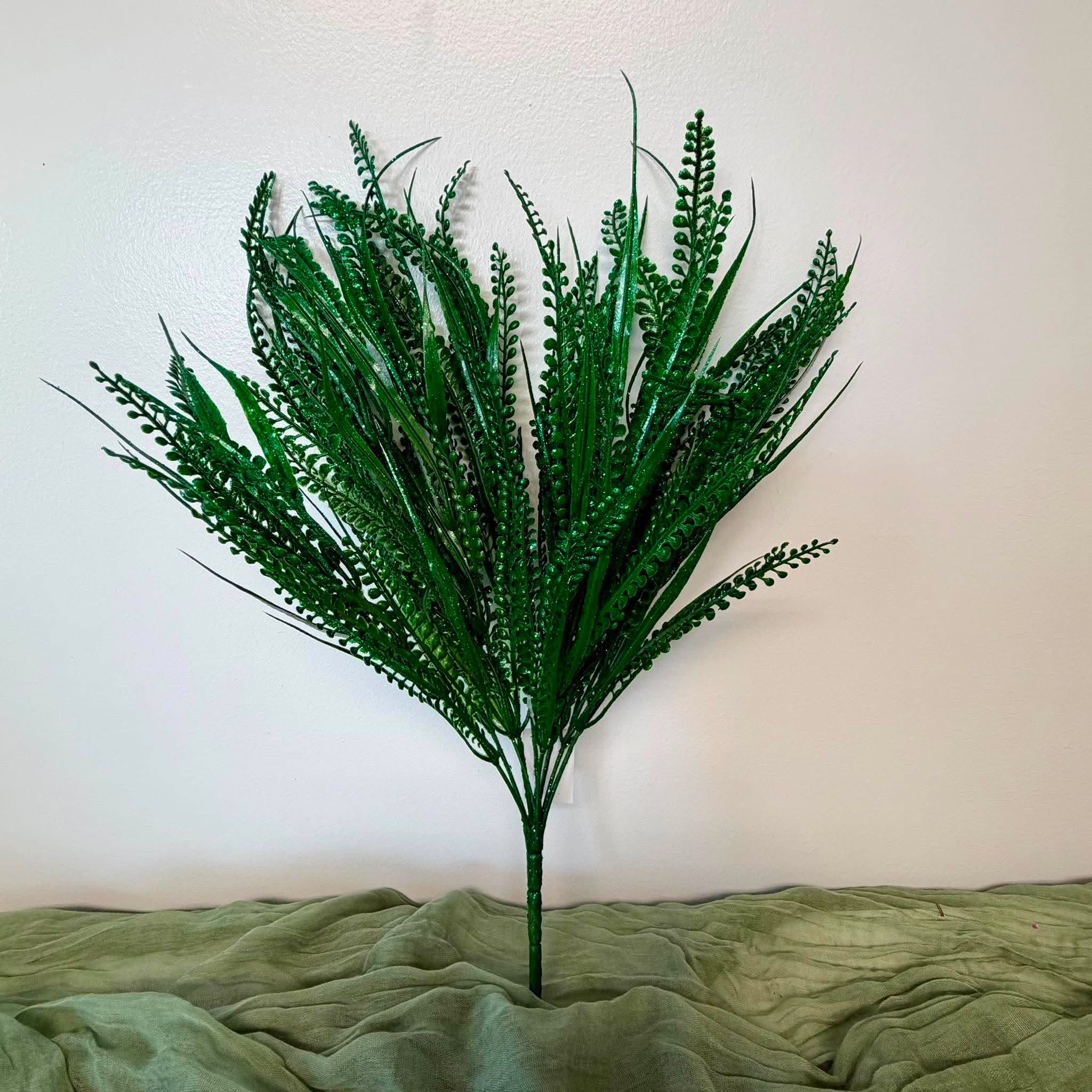 20 Inch Green Artificial Fern Bush with Bead Grass Sprigs for Wreath Making