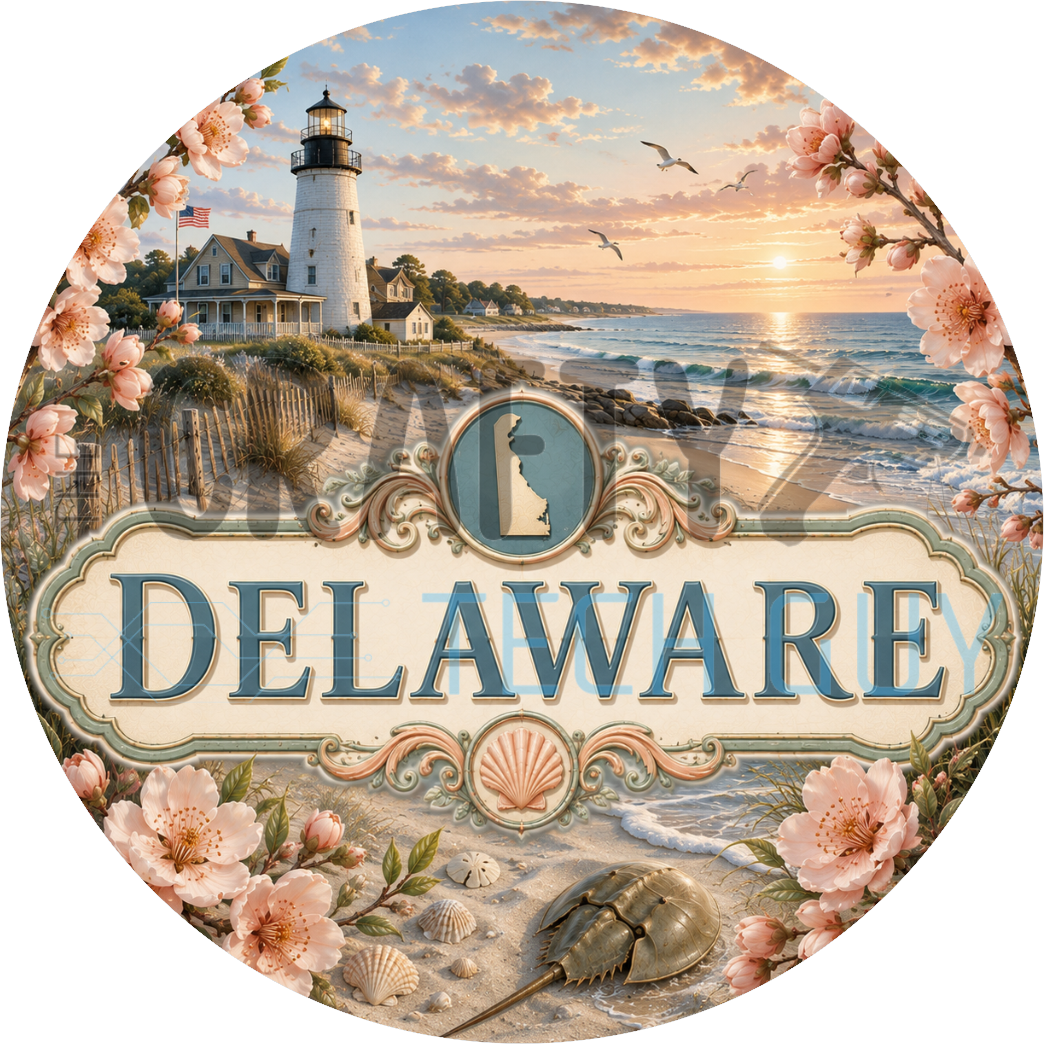 Delaware round wreath sign in coated aluminum, showing pink peach blossoms, a striped lighthouse, dune grass and seashells