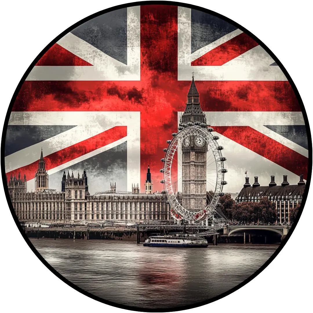 Distressed British Flag London Wall Art, Union Jack Big Ben Decor, Vintage London Eye Sign, UK Themed 12 Inch Round Sign