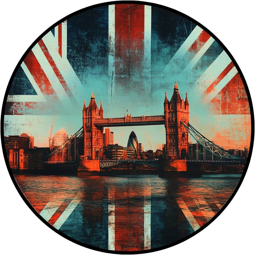 Distressed British Flag Tower Bridge Sign, Vintage London Wall Art, Union Jack Decor, 12 Inch Round UK Plaque