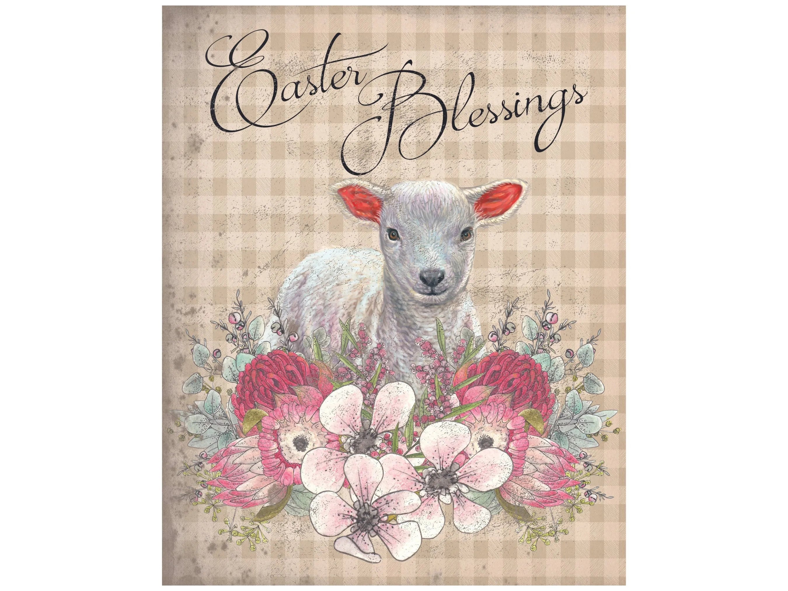 Distressed Easter lamb with florals and buffalo check wreath sign, Vintage Spring lamb pink and white flowers wall art