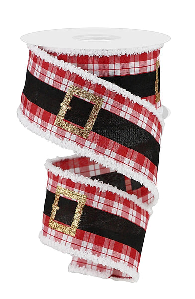2.5 Inch 10 Yard Santa Belt Wired Christmas Ribbon on Red and White Check with Gold Glitter Buckle and White Chenille Snow Drift Edge