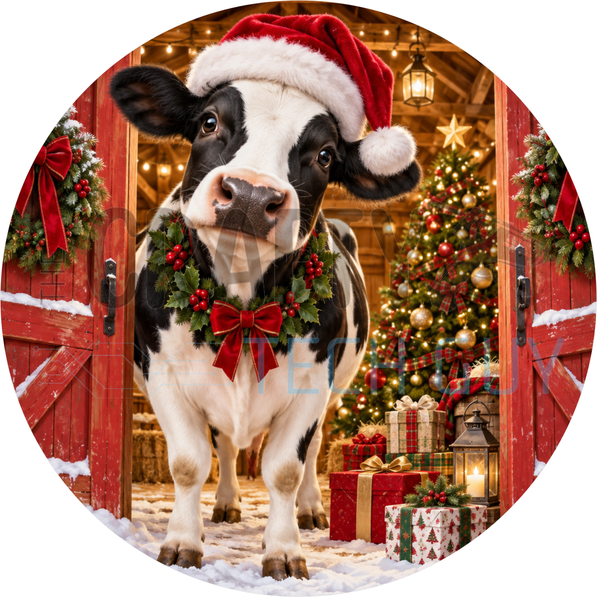 Round Christmas wreath sign of a Holstein cow in a Santa hat and holly collar standing in a red barn with a lit Christmas tree and presents