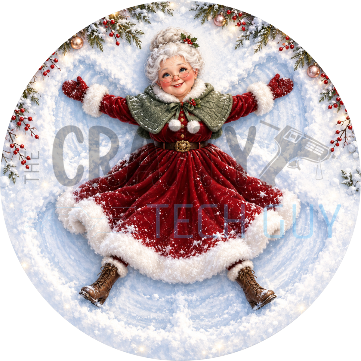 Round Christmas wreath sign of Mrs. Claus making a snow angel in white snow, wearing a red velvet fur-trimmed dress and green cape, framed by holly and berries