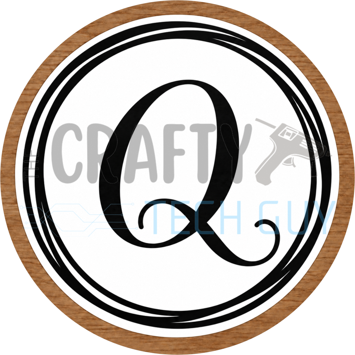 Round monogram wreath sign with a black script calligraphy letter Q on white, circled by black swirl lines and a wood grain border