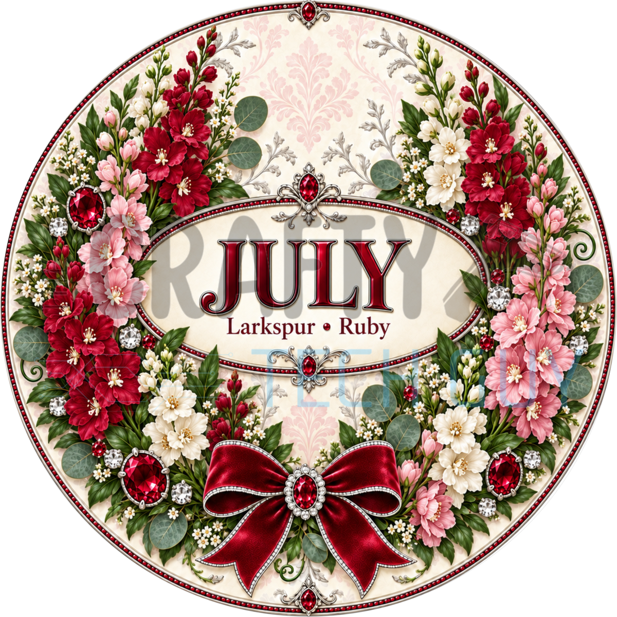 Round July birthstone wreath sign with red and pink larkspur spikes, ruby red jewels and a red bow around the words July Larkspur Ruby