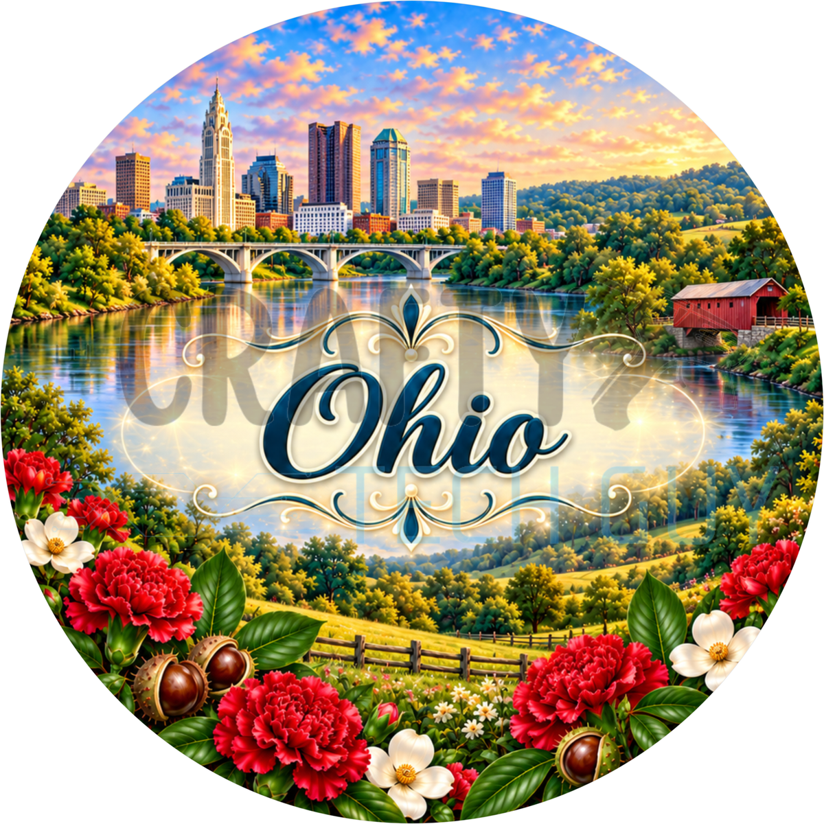Round Ohio state wreath sign with navy script lettering over the Columbus skyline, a river with a red covered bridge, red carnations and buckeyes
